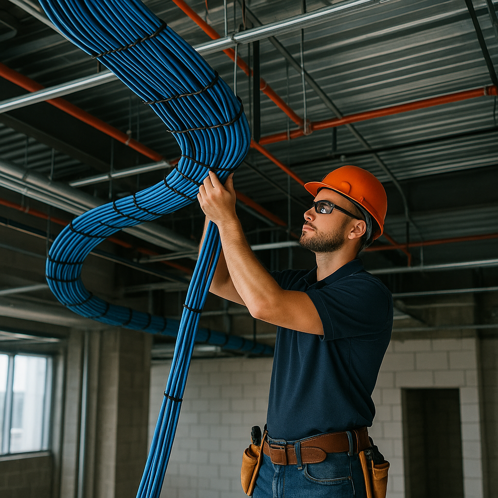 Technician installing structured cabling and network equipment in a modern space