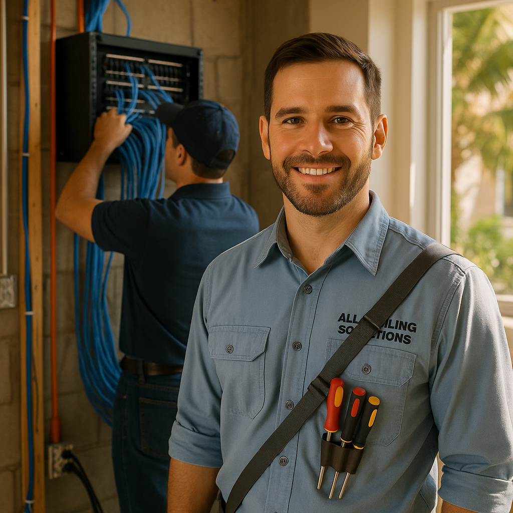 Warm on-site photo of an installer at work connecting low-voltage cabling