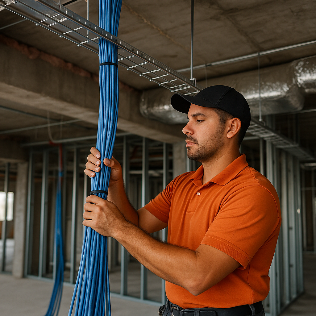 On-the-job photo of technician pulling cable and routing conduits